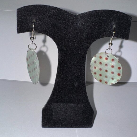 Round Blue and Brown Capiz Shell Dangle Earrings - Picture 1 of 8